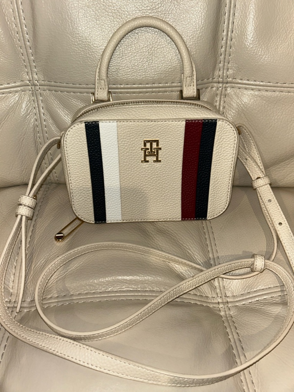 Tommy Hilfiger Ivory Leather Mini Crossbody with Signature Stripe